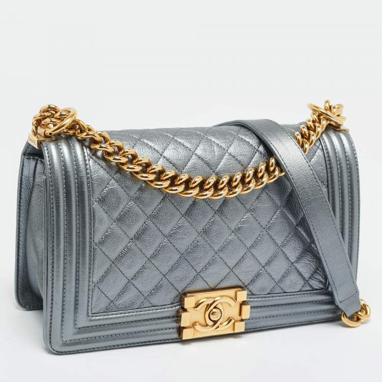 Pre Owned Chanel Boy Medium Metallic Grey Quilted Leather Flap Bag