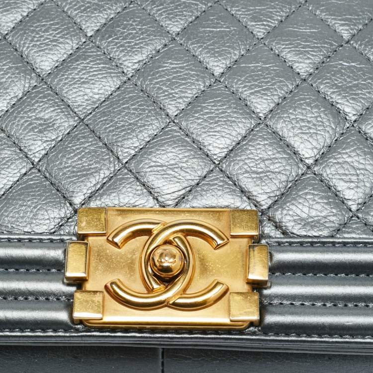 Pre Owned Chanel Boy Medium Metallic Grey Quilted Leather Flap Bag