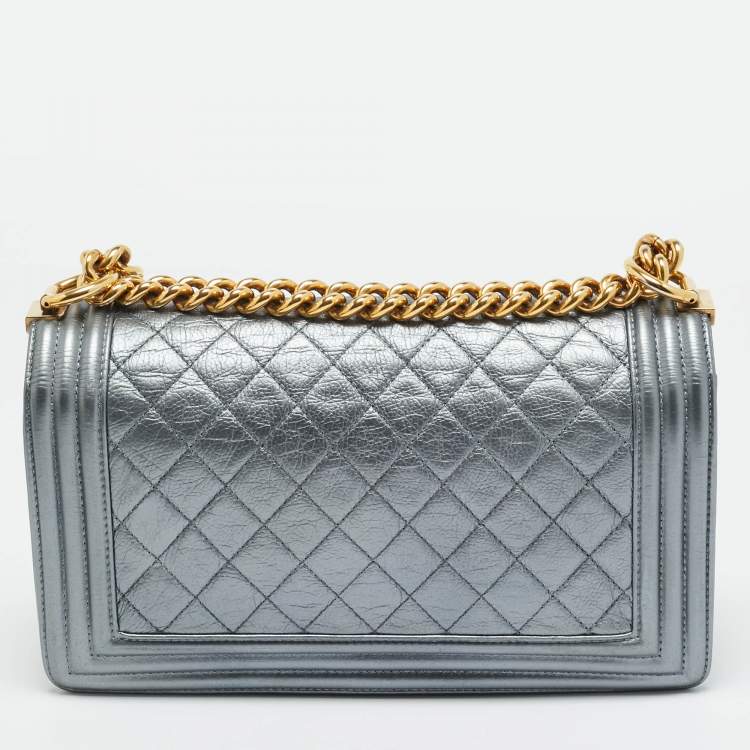 Pre Owned Chanel Boy Medium Metallic Grey Quilted Leather Flap Bag