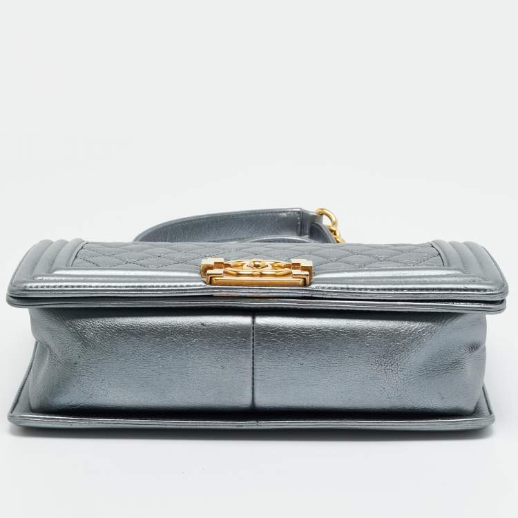 Pre Owned Chanel Boy Medium Metallic Grey Quilted Leather Flap Bag