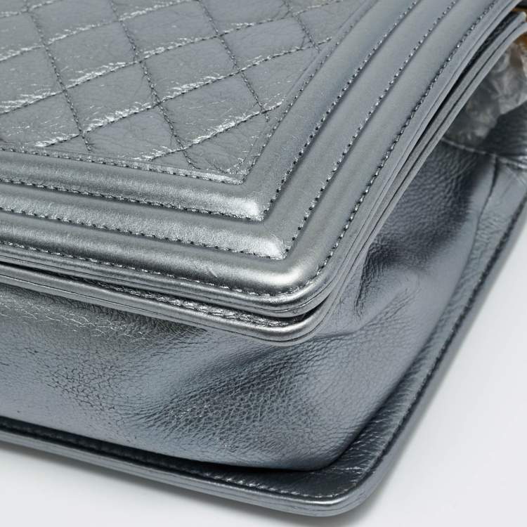 Pre Owned Chanel Boy Medium Metallic Grey Quilted Leather Flap Bag