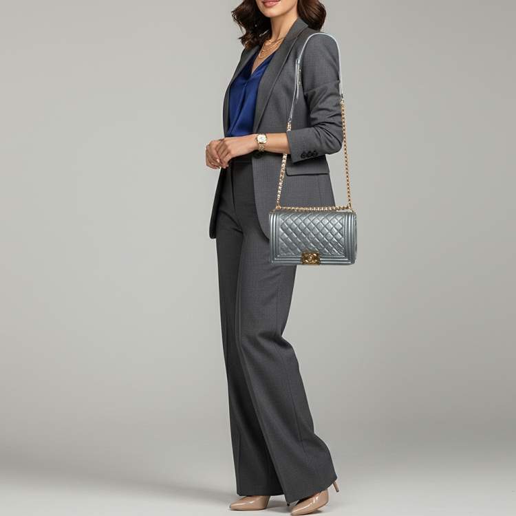 Pre Owned Chanel Boy Medium Metallic Grey Quilted Leather Flap Bag