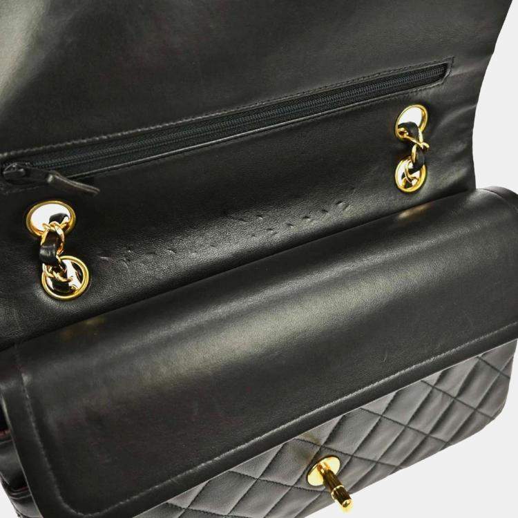 Pre Owned Chanel Black Lambskin Medium Classic Double Flap Shoulder Bag