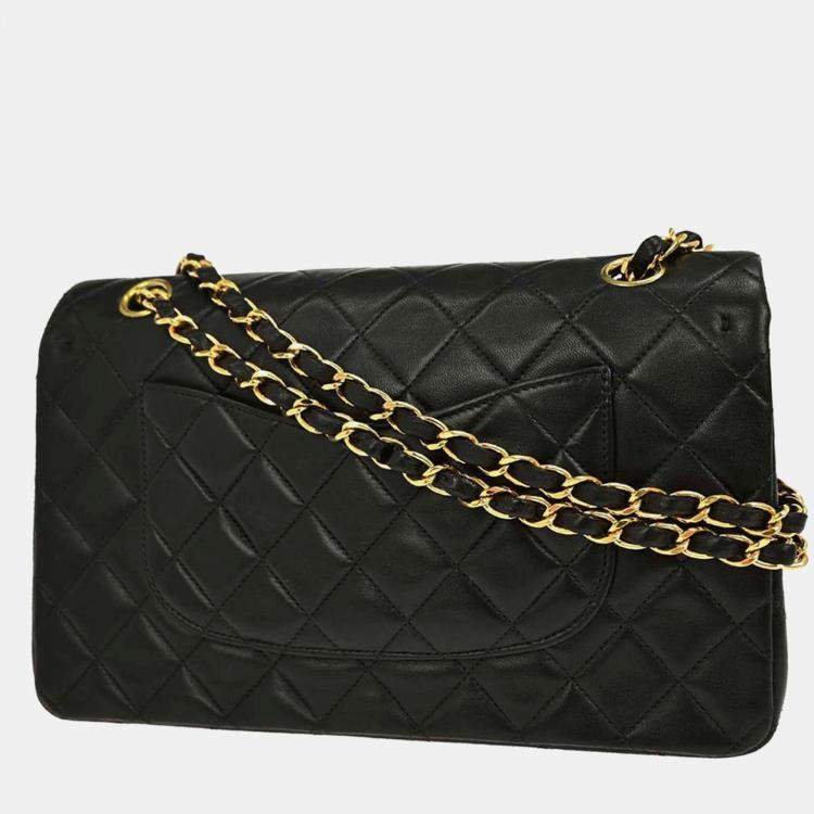 Pre Owned Chanel Black Lambskin Medium Classic Double Flap Shoulder Bag