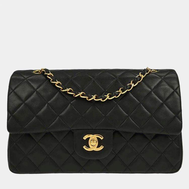 Pre Owned Chanel Black Lambskin Medium Classic Double Flap Shoulder Bag