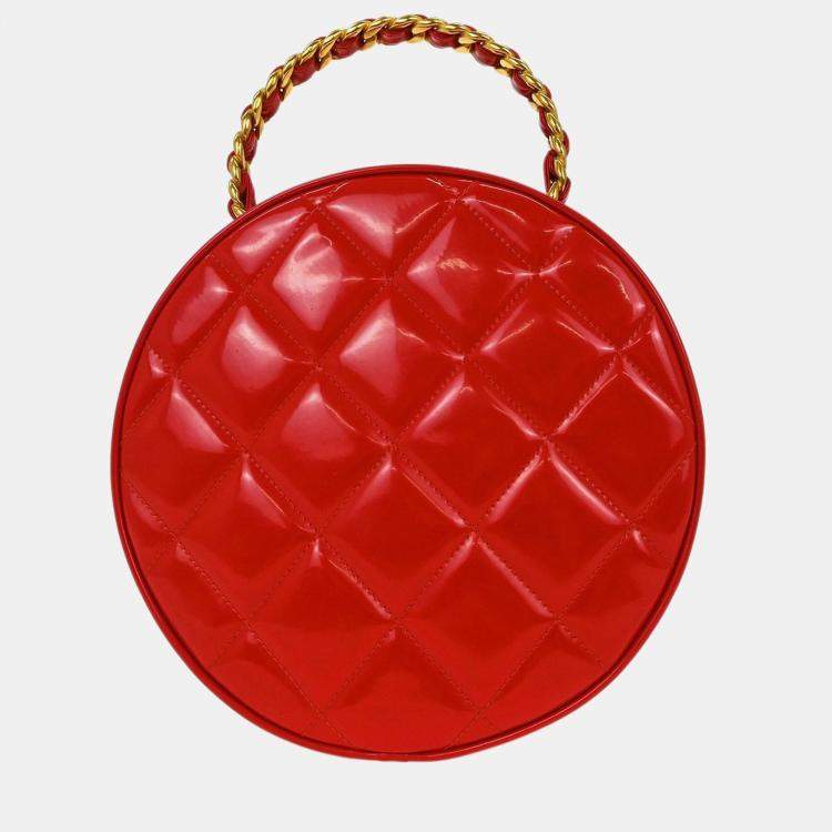 Pre Owned Chanel Round Vanity Red Patent Leather Top Handle Bag