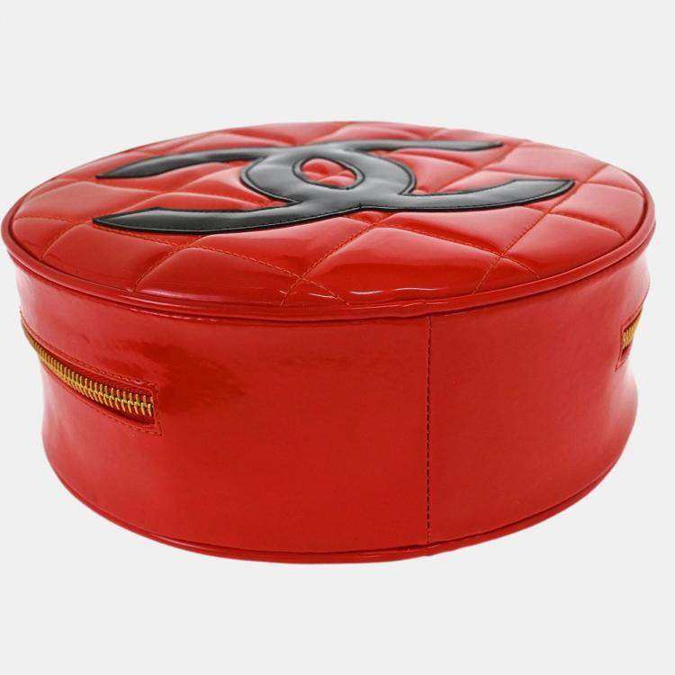 Pre Owned Chanel Round Vanity Red Patent Leather Top Handle Bag