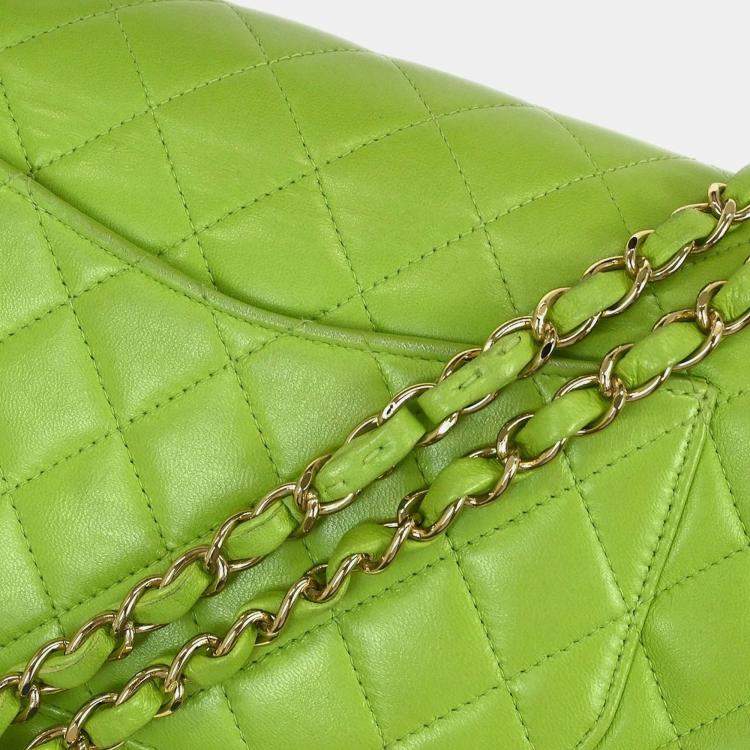 Pre Owned Chanel Classic Double Flap Medium Green Lambskin Leather Shoulder Bag