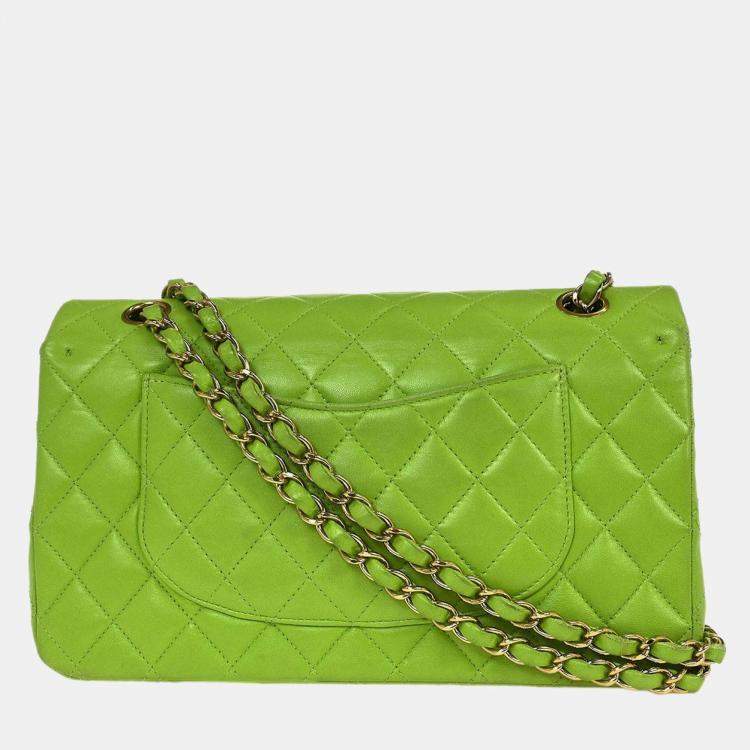 Pre Owned Chanel Classic Double Flap Medium Green Lambskin Leather Shoulder Bag