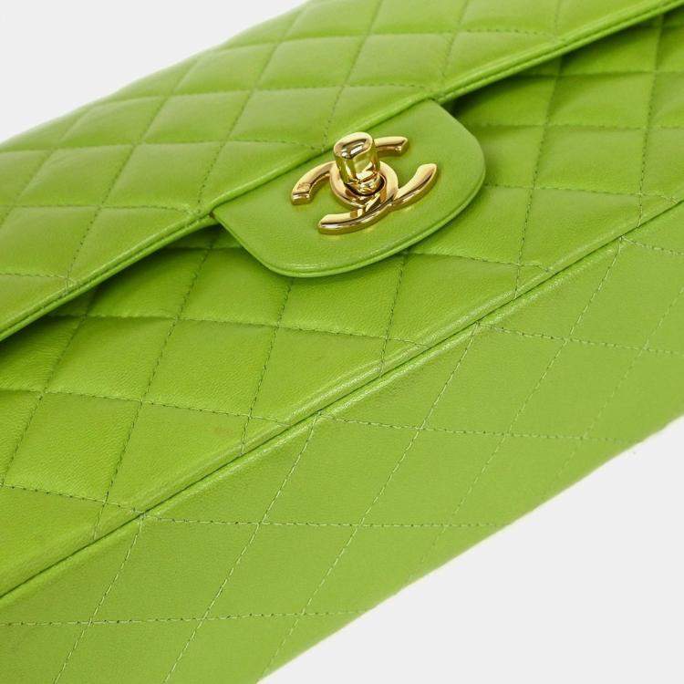 Pre Owned Chanel Classic Double Flap Medium Green Lambskin Leather Shoulder Bag