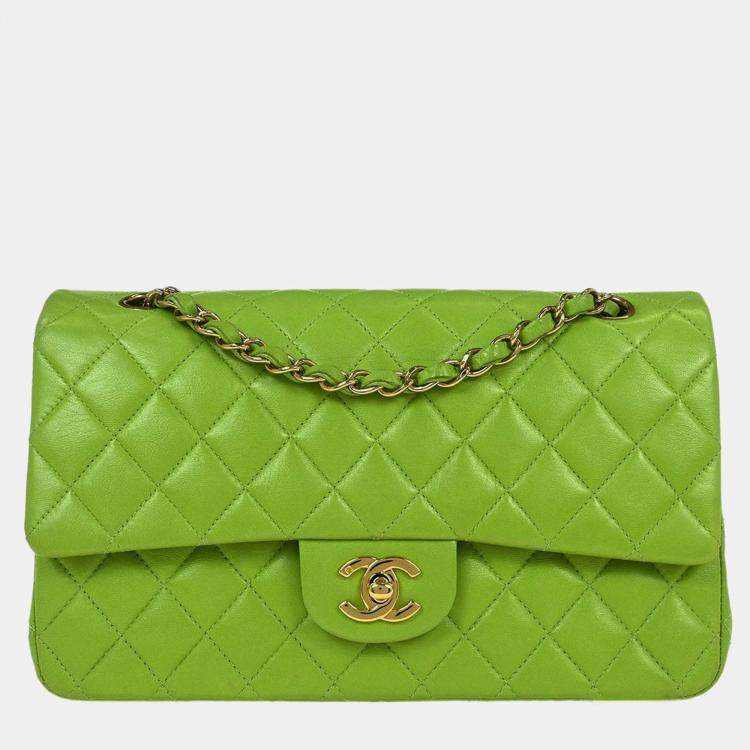 Pre Owned Chanel Classic Double Flap Medium Green Lambskin Leather Shoulder Bag