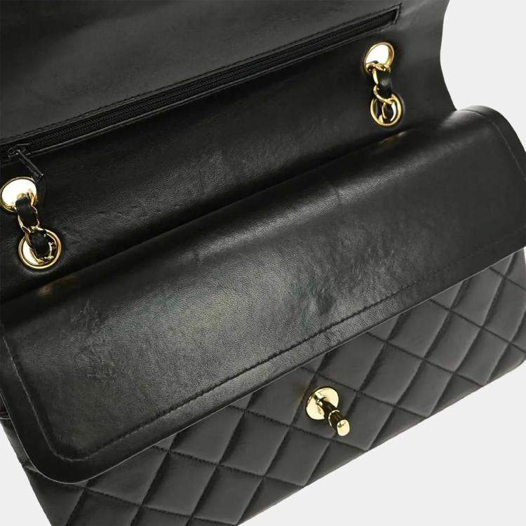 Pre Owned Chanel Black Lambskin Medium Classic Double Flap Shoulder Bag