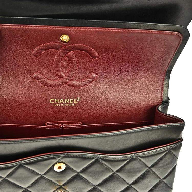 Pre Owned Chanel Black Lambskin Medium Classic Double Flap Shoulder Bag