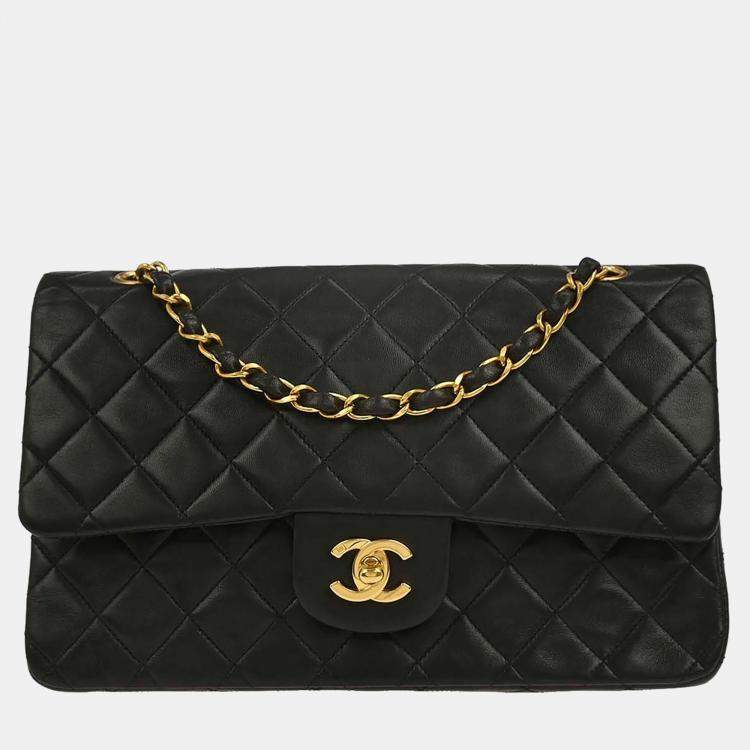 Pre Owned Chanel Classic Double Flap Medium Black Lambskin Leather Shoulder Bag