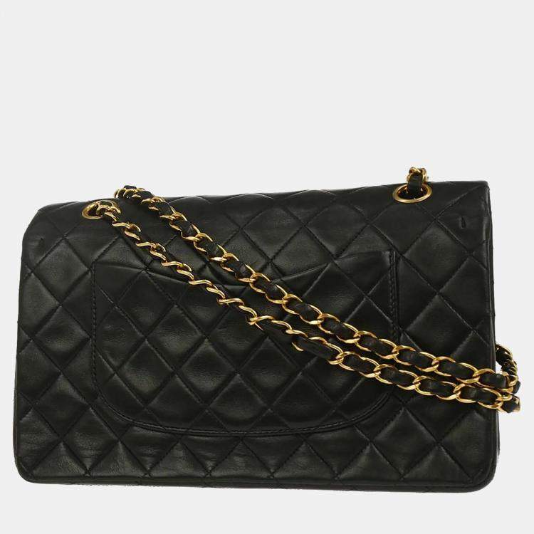 Pre Owned Chanel Classic Double Flap Medium Black Lambskin Leather Shoulder Bag