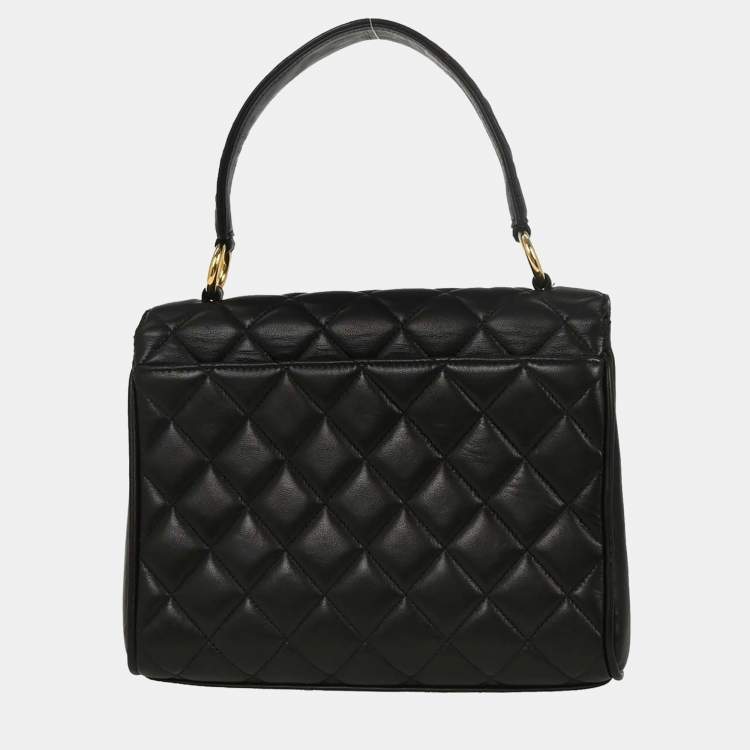 Pre Owned Chanel Straight Flap Black Lambskin Leather Shoulder Bag