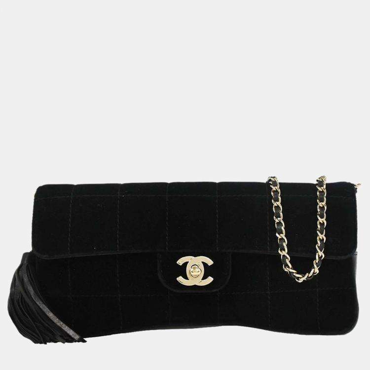 Pre Owned Chanel Black Velvet East West Choco Bar Shoulder Bag