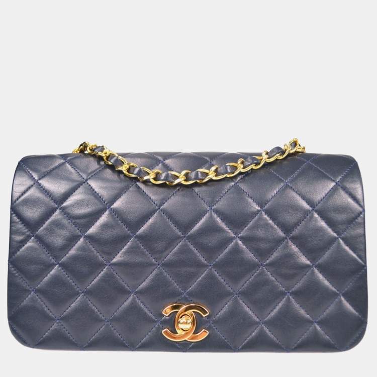 Pre Owned Chanel Full Flap Navy Lambskin Leather Shoulder Bag