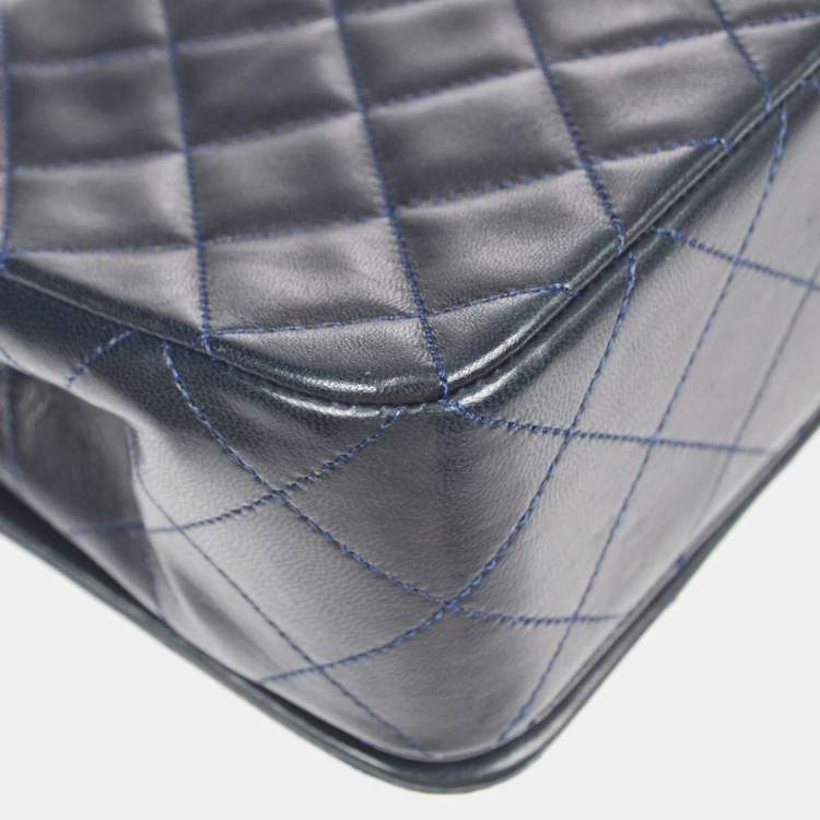 Pre Owned Chanel Full Flap Navy Lambskin Leather Shoulder Bag