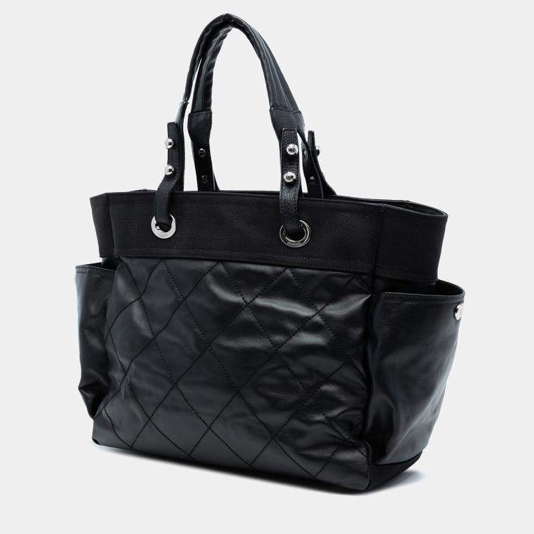 Pre Owned Chanel Black Large Quilted Coated Canvas Paris Biarritz Tote