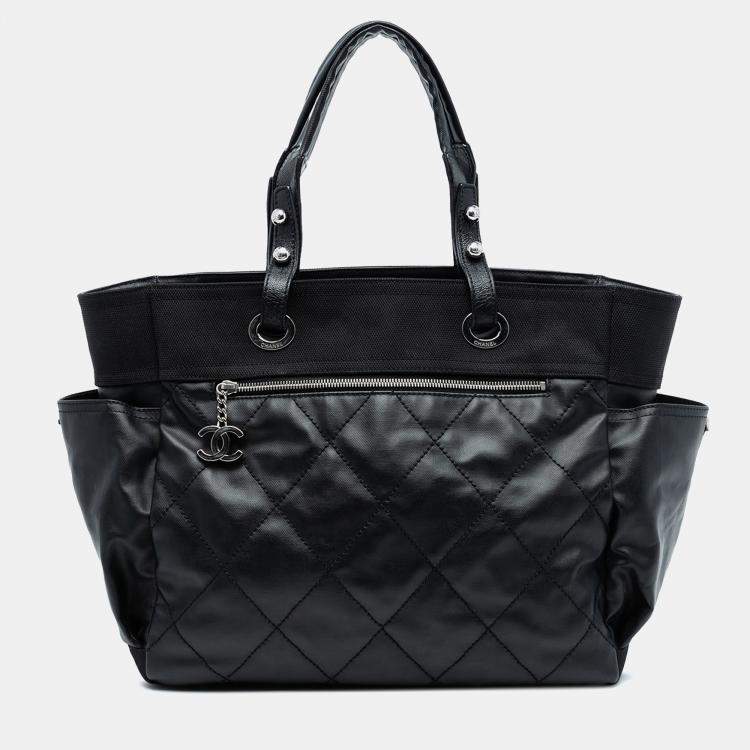 Pre Owned Chanel Black Large Quilted Coated Canvas Paris Biarritz Tote