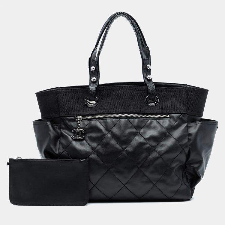 Pre Owned Chanel Black Large Quilted Coated Canvas Paris Biarritz Tote