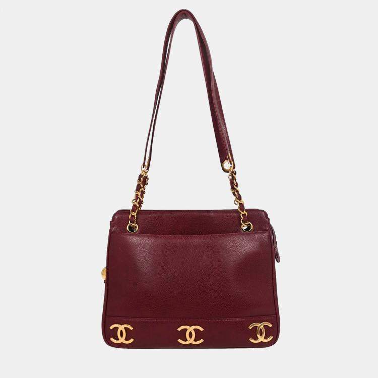 Pre Owned Chanel Triple CC Bordeaux Calfskin Leather Tote Bag