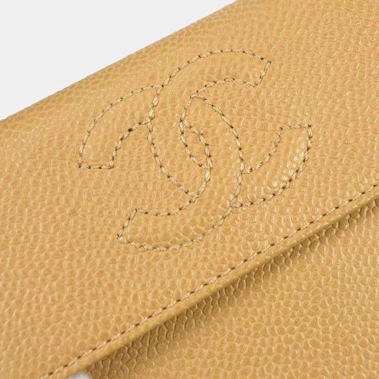 Pre Owned Chanel Trifold Beige Calfskin Wallet