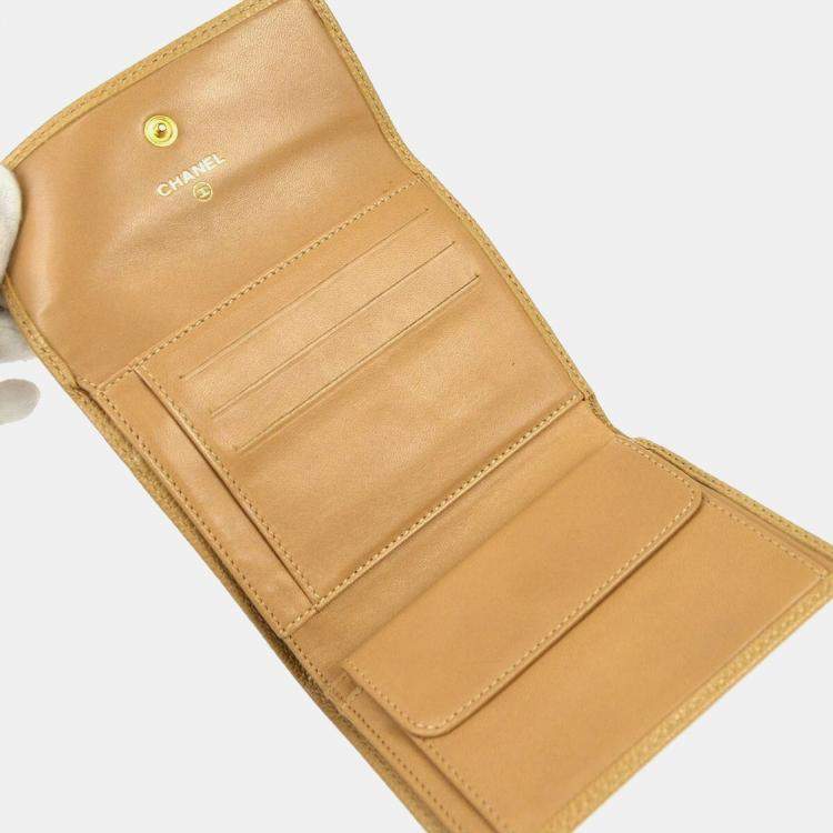 Pre Owned Chanel Trifold Beige Calfskin Wallet