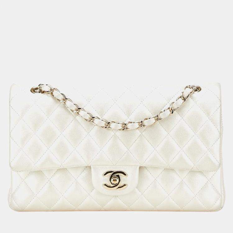 Pre Owned Chanel Matelasse 25 Coco Mark Double Flap Chain Shoulder Bag Handbag White Lambskin
