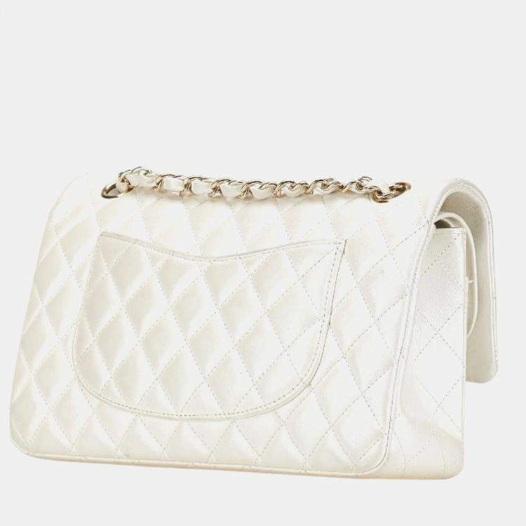 Pre Owned Chanel Matelasse 25 Coco Mark Double Flap Chain Shoulder Bag Handbag White Lambskin
