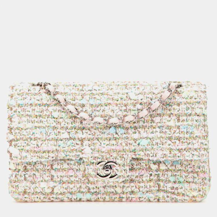 Pre Owned Chanel Double Flap Multicolor Tweed Leather Shoulder Bag