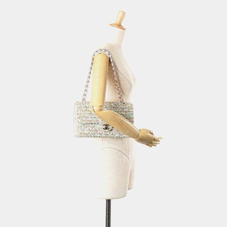 Pre Owned Chanel Double Flap Multicolor Tweed Leather Shoulder Bag