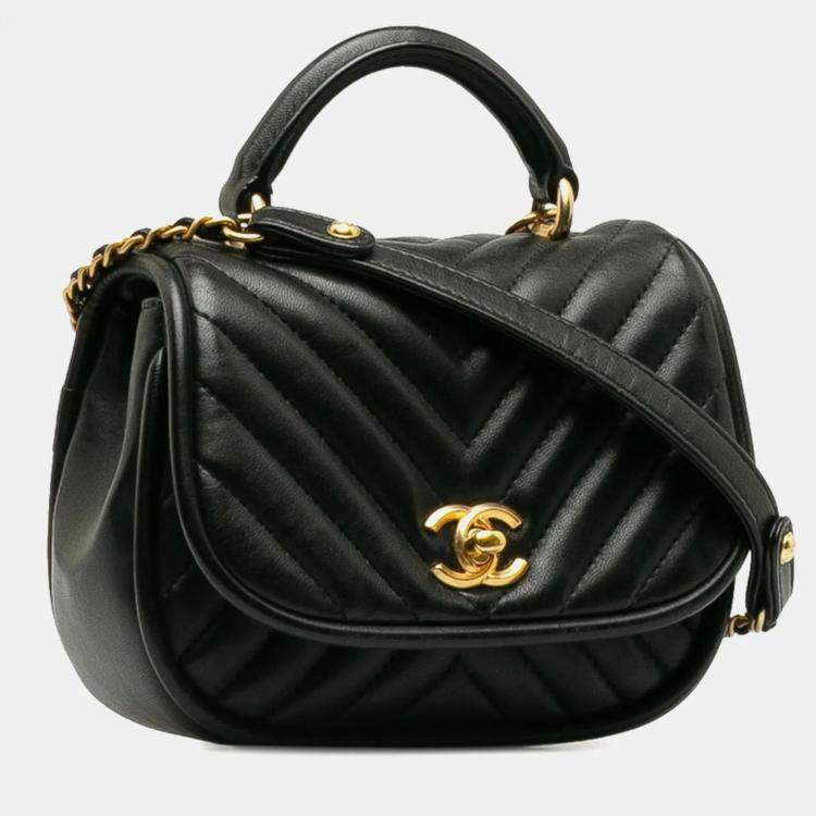 Pre Owned Chanel Reverse Chevron Black Lambskin Leather Top Handle Bag