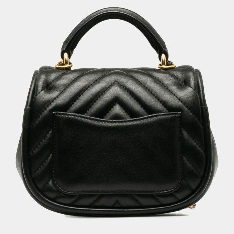 Pre Owned Chanel Reverse Chevron Black Lambskin Leather Top Handle Bag