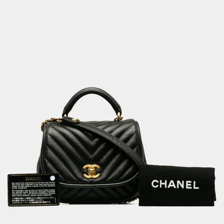 Pre Owned Chanel Reverse Chevron Black Lambskin Leather Top Handle Bag