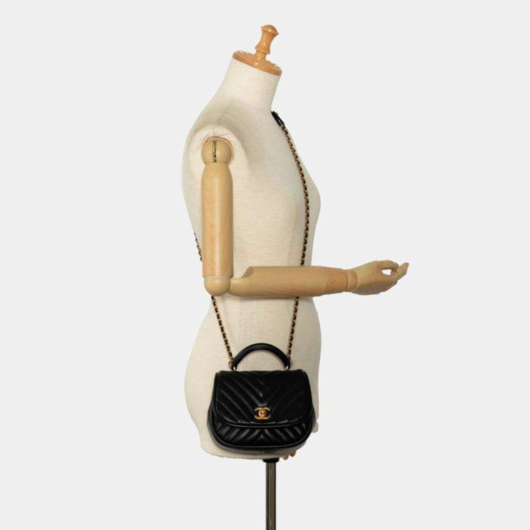 Pre Owned Chanel Reverse Chevron Black Lambskin Leather Top Handle Bag