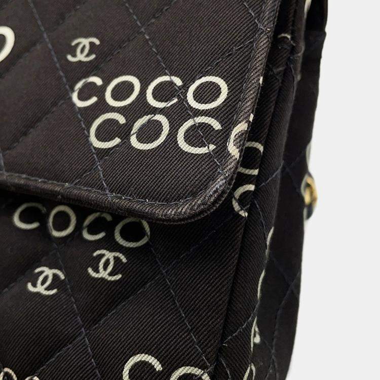 Pre Owned Chanel Chain Shoulder Bag Coco Print Matelasse 25 Mark Double Chain Canvas Black
