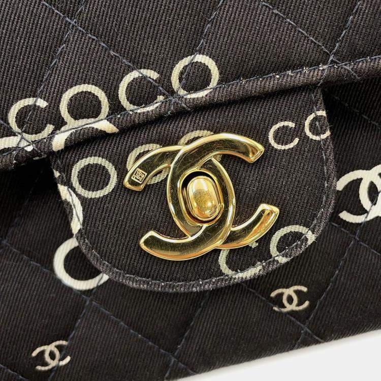 Pre Owned Chanel Chain Shoulder Bag Coco Print Matelasse 25 Mark Double Chain Canvas Black
