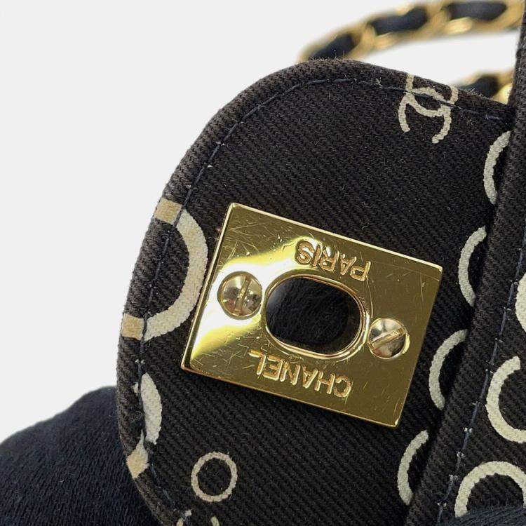 Pre Owned Chanel Chain Shoulder Bag Coco Print Matelasse 25 Mark Double Chain Canvas Black