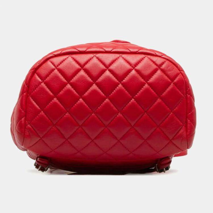 Pre Owned Chanel Matelasse Coco Mark Chain Backpack Red Lambskin