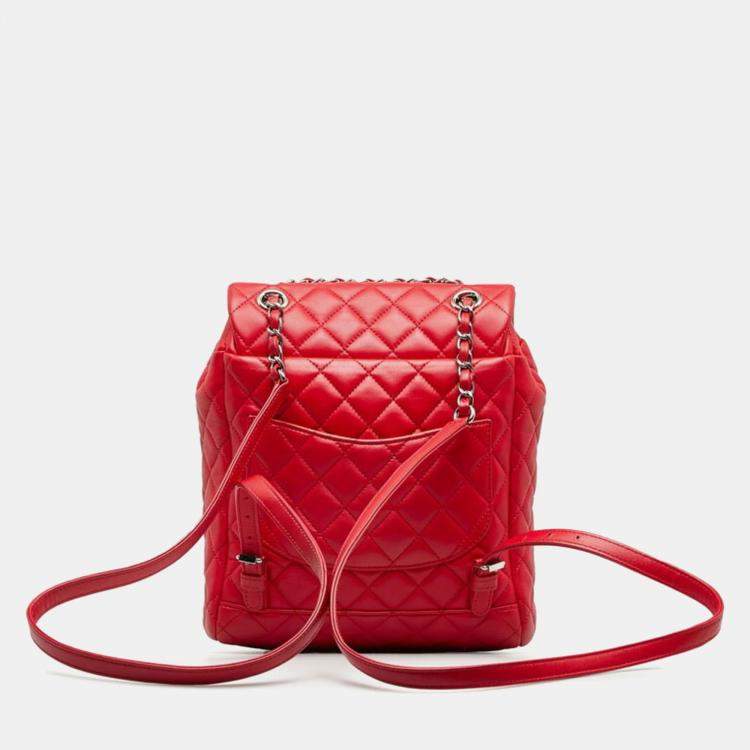 Pre Owned Chanel Matelasse Coco Mark Chain Backpack Red Lambskin