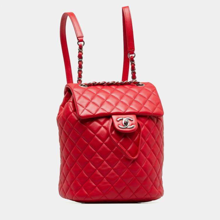 Pre Owned Chanel Matelasse Coco Mark Chain Backpack Red Lambskin