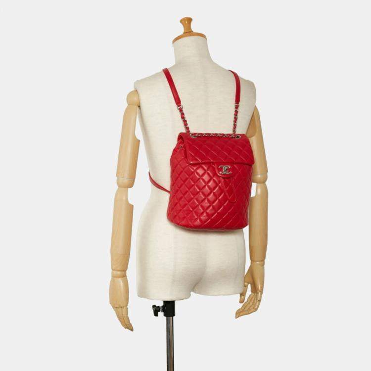 Pre Owned Chanel Matelasse Coco Mark Chain Backpack Red Lambskin