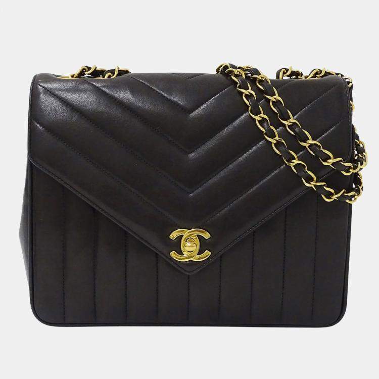 Pre Owned Chanel Shoulder Bag V-Stitched Lambskin Black With Gold Hardware And Double Chain