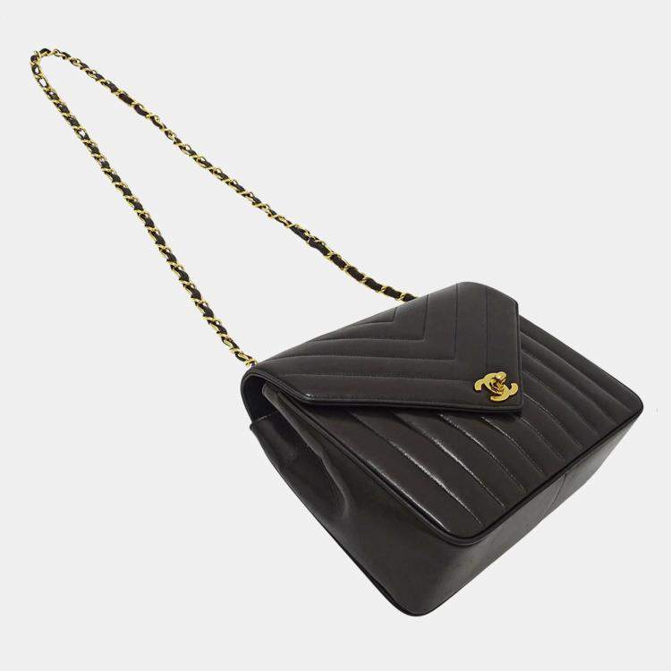 Pre Owned Chanel Shoulder Bag V-Stitched Lambskin Black With Gold Hardware And Double Chain