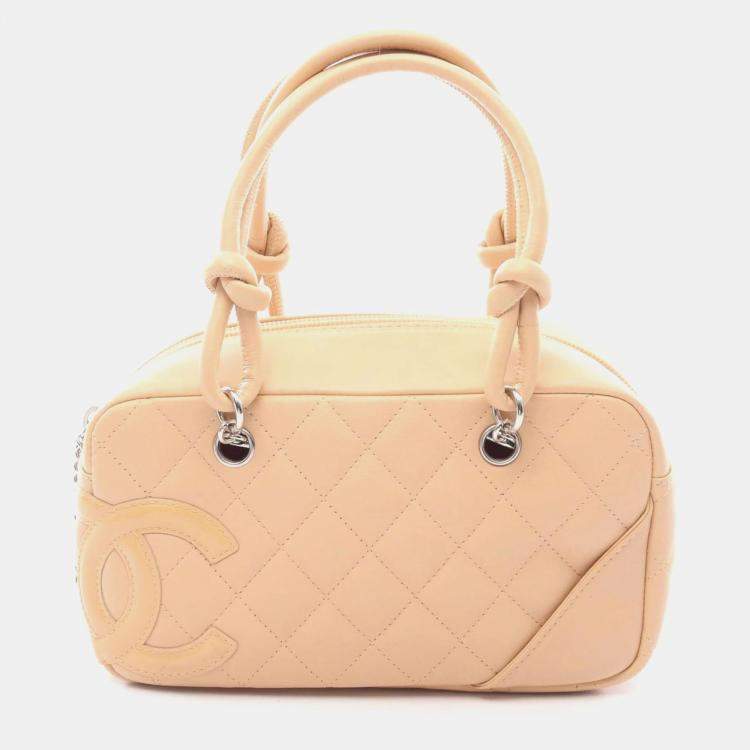 Pre Owned Chanel Cambon Mini Bowling Bag Handbag Leather Patent Beige
