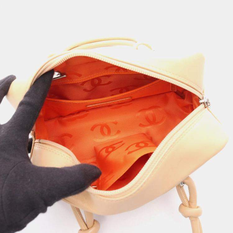 Pre Owned Chanel Cambon Mini Bowling Bag Handbag Leather Patent Beige