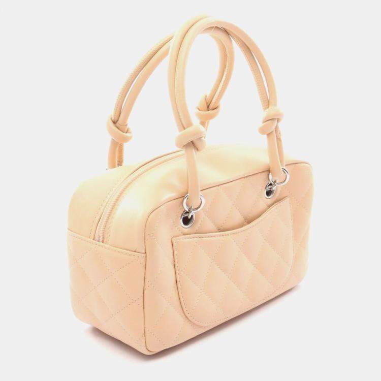 Pre Owned Chanel Cambon Mini Bowling Bag Handbag Leather Patent Beige