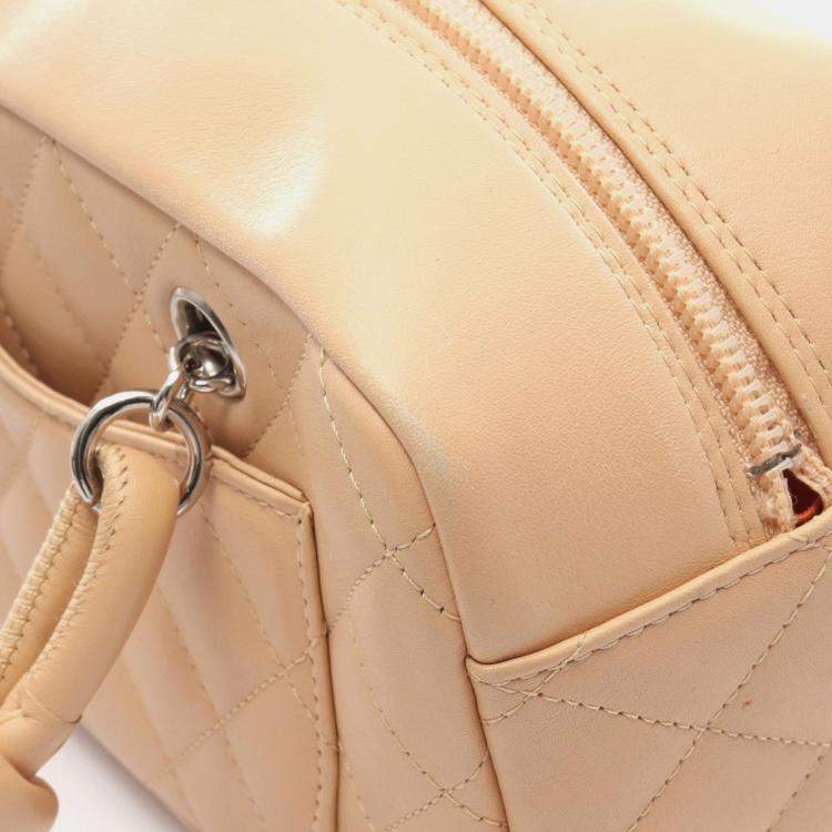 Pre Owned Chanel Cambon Mini Bowling Bag Handbag Leather Patent Beige